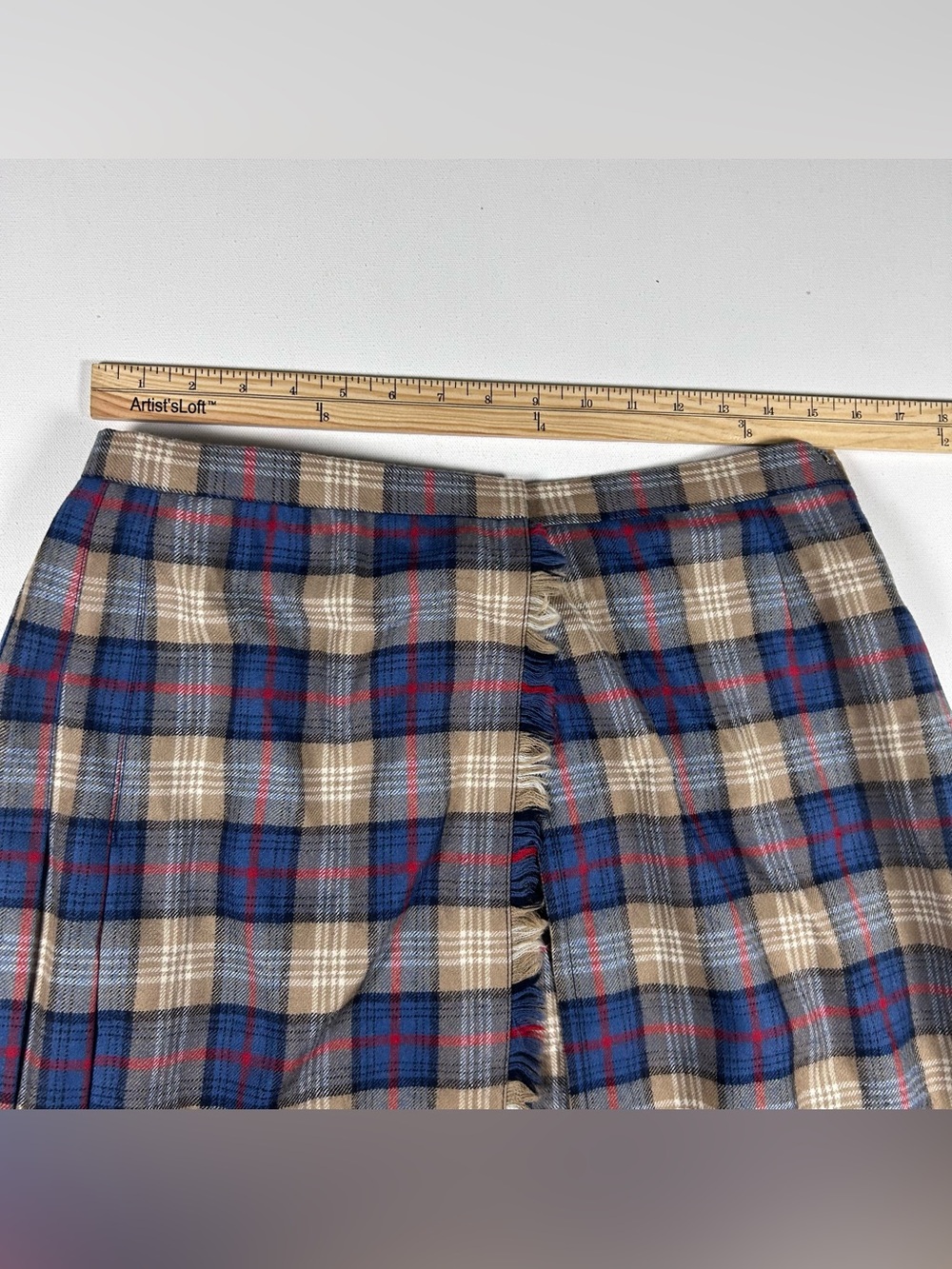 VTG David Brooks Pleated Casual Midi Skirt 8 Blue Beige 100% Wool 70s 80s USA - Picture 5 of 6